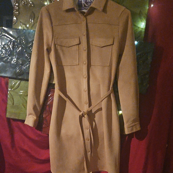 NWOT Truth by Republic Tan Shirt Faux Suede Dress Or Jacket With Tie Waist - Picture 1 of 4